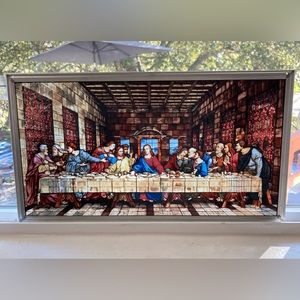 Vintage “Stained Glass” Forest Lawn window hanging of The Last Supper, 9" x 16"